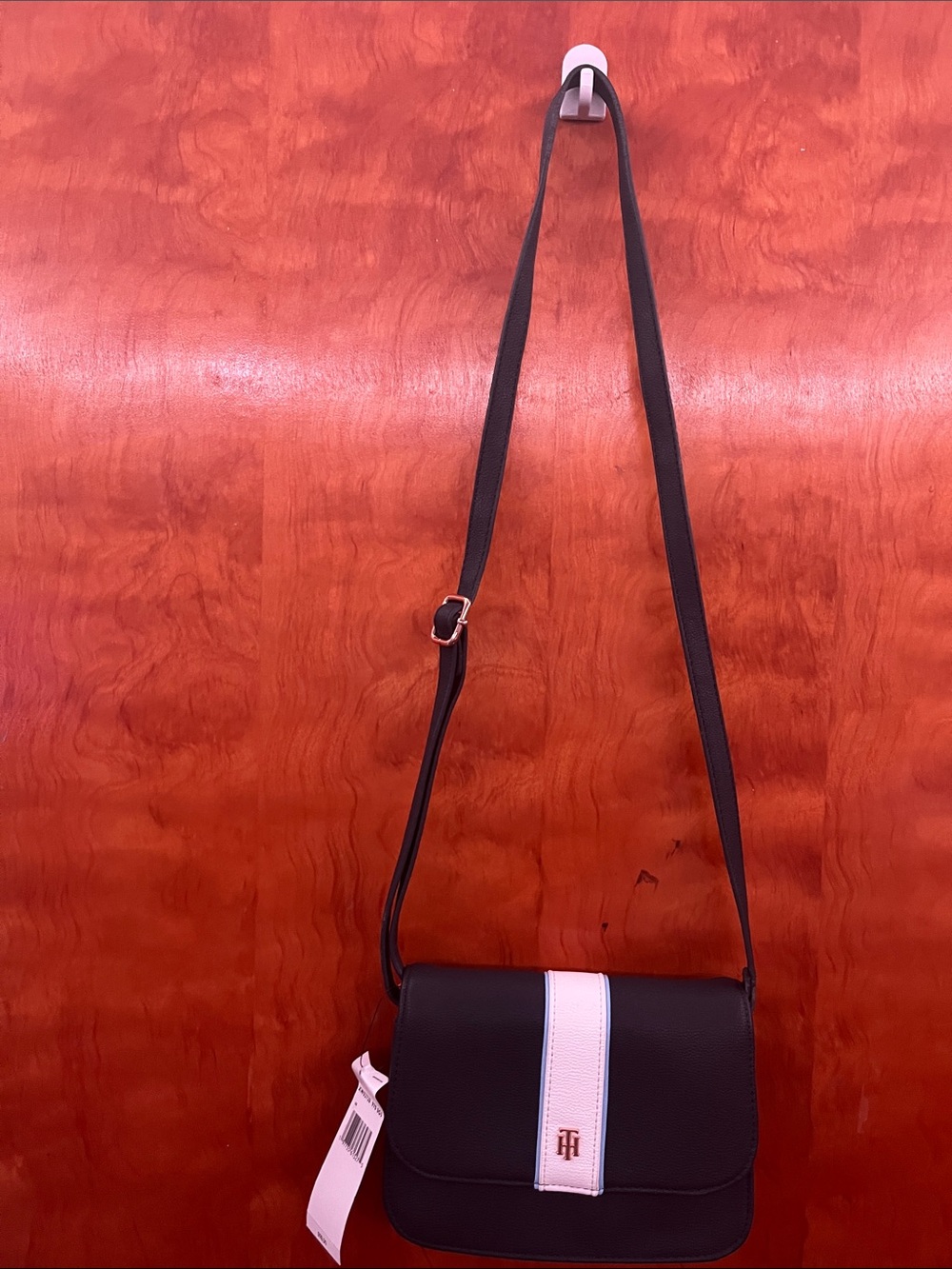 Tommy Hilfiger Black Crossbody with White Center Stripe and Gold-Tone Logo